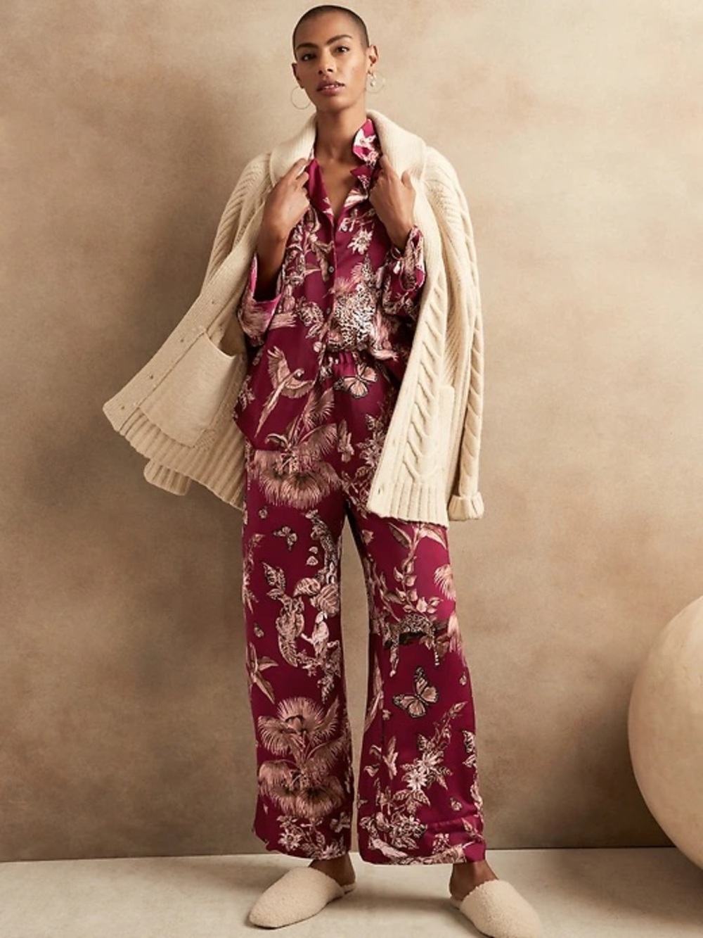Banana Republic Jungle Wide-Leg Pajama Pants in Deep Berry